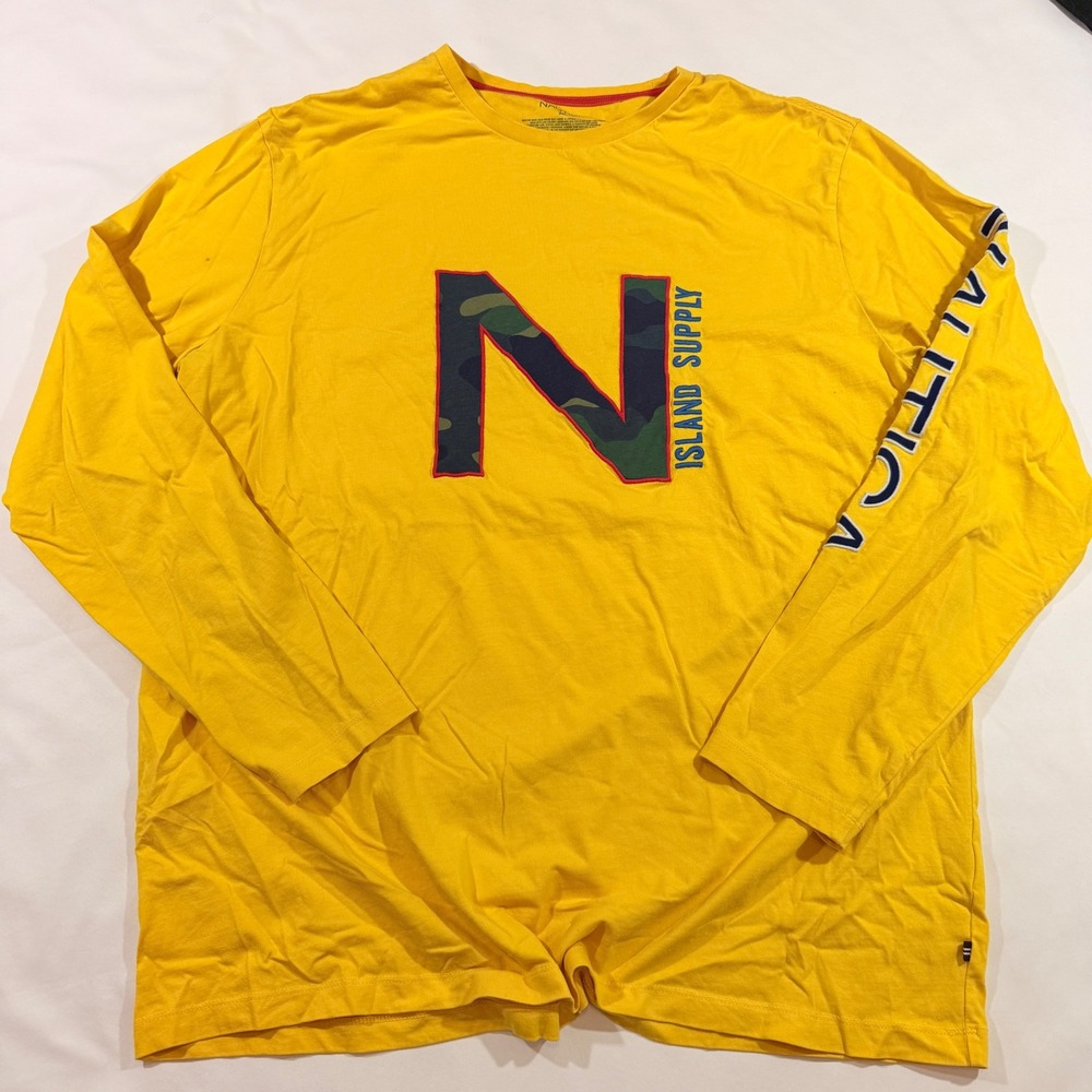 Nautica Long Sleeve T-Shirt Men 2XLT Yellow Camo Graphic Island Supply Logo